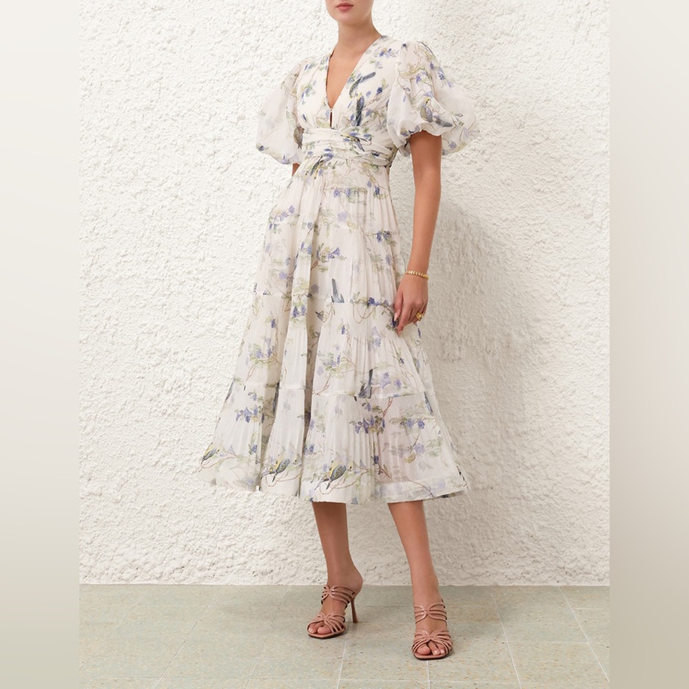 Zimmerman Pleated Midi Dress in Blue Birds Size 2